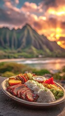 Sunset illuminates Hawaiian BBQ plate with grilled meat, rice, and vegetables against dramatic mountain and ocean backdrop, creating a mouthwatering culinary landscape scene