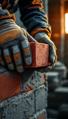 Close-up of gloved hand placing brick on cement wall, warm light enhances texture.
