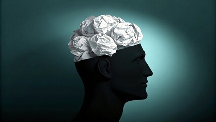 Black head silhouette white crumpled paper brain human head