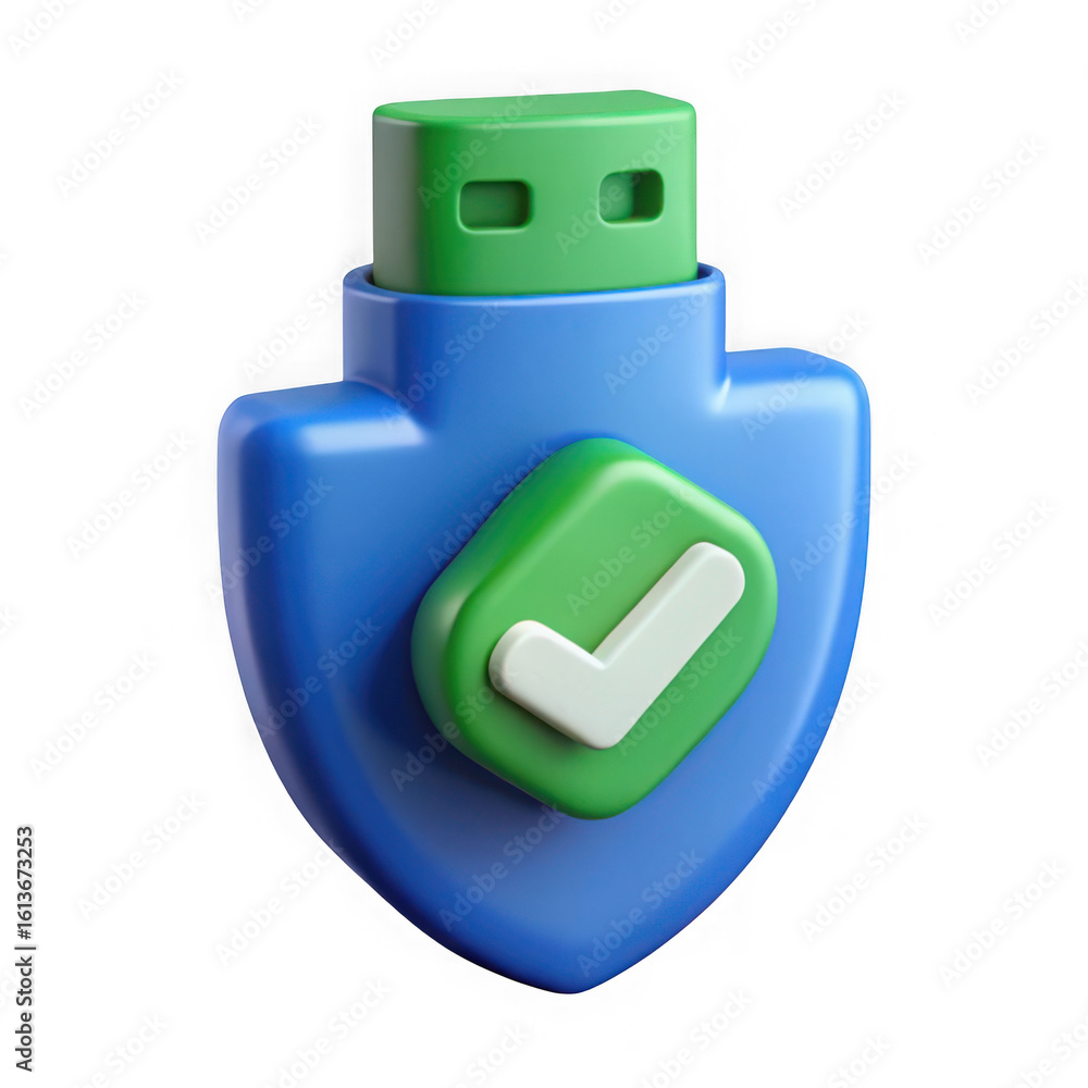 Poster blue shield shaped usb flash drive with green checkmark symbol indicating data security and protecti