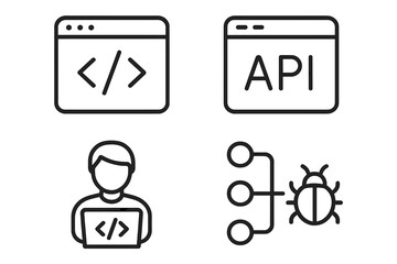 Web development icon set in line style. Programmer, coder, and developer concepts. Vector icons for web and mobile app design. Code, API, bug fix, and flowchart symbols.