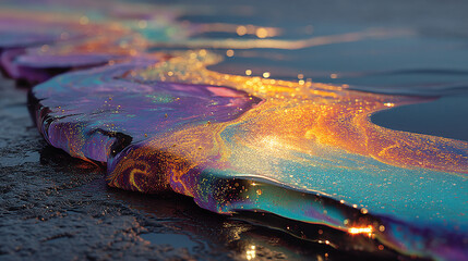 Liquid Iridescence Shimmers. Abstract holographic colors swirl, glistening on asphalt. Perfect for science, design, or marketing.