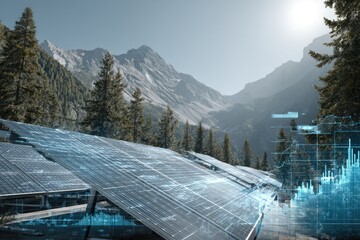 Solar panels on a mountain landscape overlaid with data visualizations