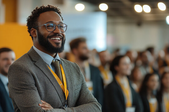 Startup business owner presenting at trade show. Group of people enjoying event. Lively atmosphere inside exhibition hall. Successful business concept. Copy space, Banner