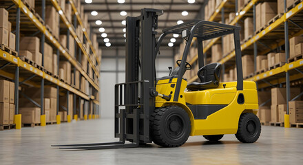 Close-up of a yellow forklift inside a large warehouse.
