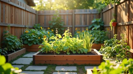 Urban backyard garden with green plants in raised wooden beds on sunny day, ideal for eco-living blogs, city gardening tutorials, and sustainability ads, 4K, motion.