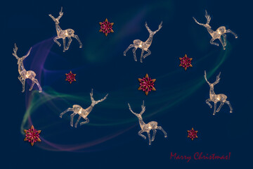 Garland with glowing deer figures and red stars against dark blue background with inscription Merry Christmas.