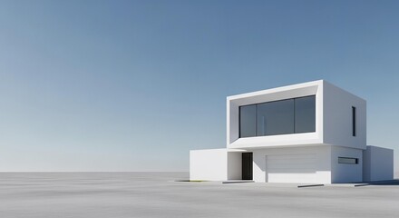 Modern white cube house with large windows under a clear blue sky