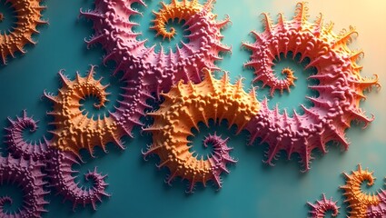 Intricate Fractal Spiral Structures in Vibrant Orange and Pink Hues Adorning a Teal Background