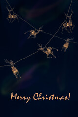 Garland with glowing deer figures. Holiday card  with inscription  Merry Christmac