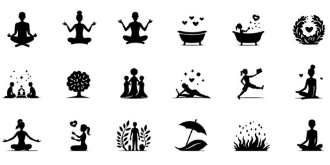 Fototapeta premium Collection of black vector silhouette icons of meditating and self well being