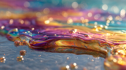 Oil slick glistens in the sun. Abstract, colorful, iridescent liquid creates a mesmerizing effect. For design, web, and marketing use.