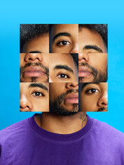 Creative composition of male face built from multiple eyes and noses on cyan background. Concept of...