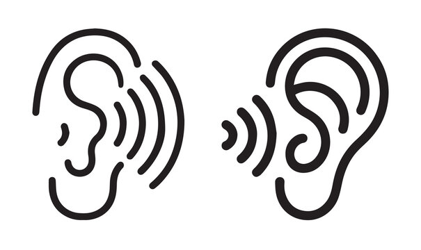 Two stylized ears with sound waves one showing the inner ear the other a simple outline
