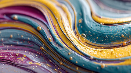 Colorful Abstract Waves Texture. Golden drops highlight blue, yellow and purple. Background useful for design, marketing and web projects.