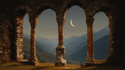 Ancient ruins mountain view at night
