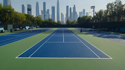 Outdoor tennis courts in a park, modern city skyline in the background. Lush greenery surrounds the courts.  Several courts are visible, ready for play