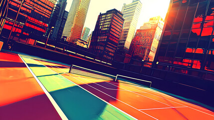 Urban tennis court atop a city building, vibrant colors, dynamic perspective, sunlit cityscape