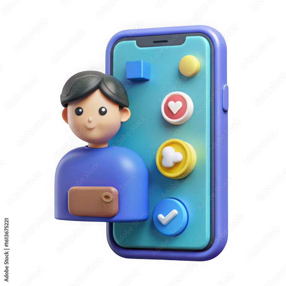 Poster 3d cartoon character avatar next to a smartphone displaying social media icons and app notifications