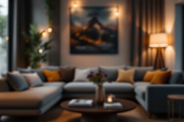 Blurred view of a cozy living room with a sectional sofa.