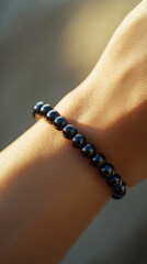 The Elegant Bead Bracelet: A close-up captures a wrist adorned with a sleek, elegant bead bracelet, the glossy beads catching the sunlight, showcasing its timeless beauty.