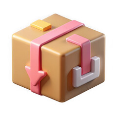Stylized 3d rendered brown cardboard box with pink ribbon and white tape isolated on transparent background