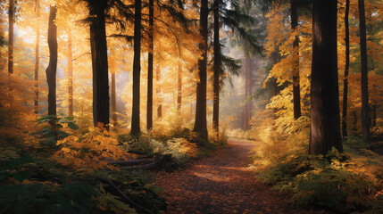 Obraz premium Misty Autumn Forest Pathway Lined with Golden Maple and Oak Trees