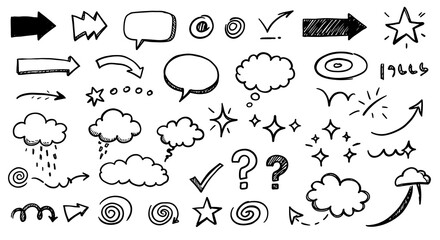 A set of hand-drawn weather icons with sun, cloud, and rain symbols for meteorology design