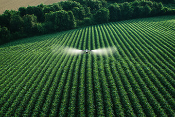 Industrial drone flies over a green field and sprays useful pesticides to increase productivity and destroys harmful insects. Modern technologies in agriculture	
