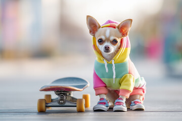 Small Chihuahua dressed in a vibrant hoodie and sneakers relaxing next to a miniature skateboard in natural daylight