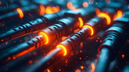 A futuristic background of glowing orange fiber optic cables or wires, perfect for illustrating data transfer, technology, or high-speed networks