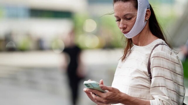 Portrait of woman in facial recovery band, gazing thoughtfully sideways, soft background bokeh.