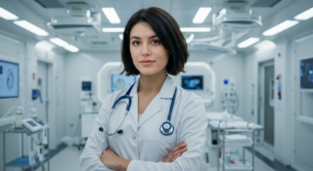 A professional woman physician wearing a lab coat and a stethoscope, looking proud.