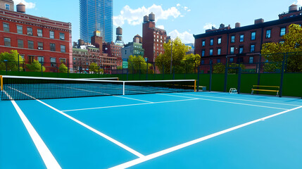 Urban tennis court in sunny city park.  Modern blue court with white lines,  surrounded by brick buildings and skyscrapers,  with water tower visible in background.  Green park area with benches