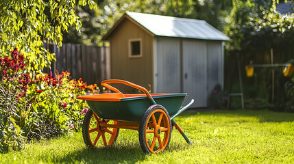 A garden wheelbarrow sits in a sunny backyard, near a shed, surrounded by flowers and greenery