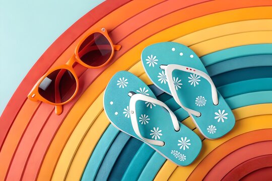 Overhead shot of sunglasses and flip flops on a colorful rainbow patterned background surface - Powered by Adobe