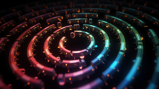Luxurious Abstract Neon Spiral Background with Metallic Highlights – Futuristic 3D Labyrinth of Glowing Lines, Vibrant Gradient Depths, and Modern Tech-Inspired Digital Elegance