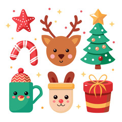 Naklejka premium Festive Christmas icons bring holiday cheer with reindeer, tree, gifts and sweet treats graphic
