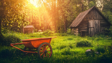 Rustic wooden shed in a sunlit meadow. An old red cart sits in the foreground
