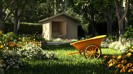 Sunny garden scene with a small wooden shed and a bright yellow wheelbarrow, surrounded by colorful flowers and lush greenery