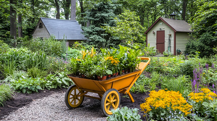 Vibrant yellow wheelbarrow filled with plants in a garden setting.  Two small sheds are visible in the background, amongst lush greenery and flowering plants