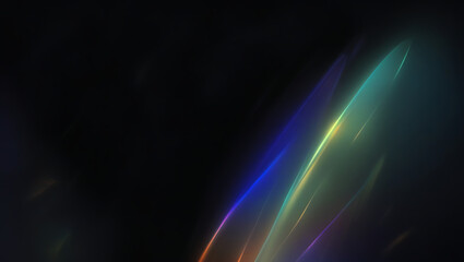 Black deep night abstract background. Prism light beams with rainbow glow and soft blue orange reflections. Smooth transition. Bright shimmer streaks. Neon metallic blur. Minimal sci-fi style