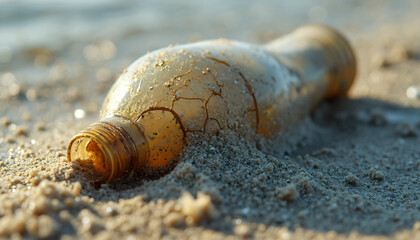 Cracked Amber Glass Bottle in Sand