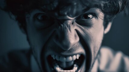 Angry man screaming directly into camera with intense expression, dramatic close-up portrait capturing raw emotion and rage