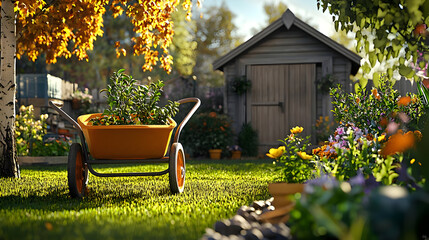 A vibrant garden scene, filled with autumnal hues, displays a wheelbarrow full of plants, next to a charming shed. Lush flowers and foliage surround a manicured lawn