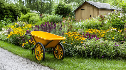 Yellow garden cart beside vibrant flowerbeds.  A small shed is visible in the background
