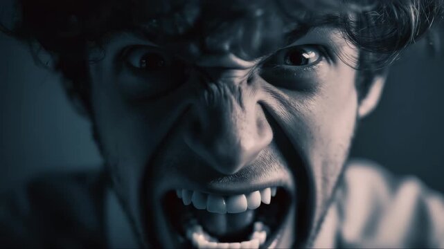 Angry man screaming directly into camera with intense expression, dramatic close-up portrait capturing raw emotion and rage