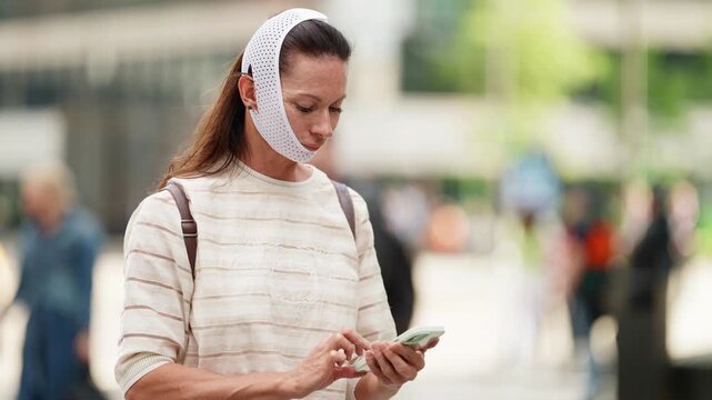 Focused woman wearing facial compression band, using smartphone in bright outdoor city environment.