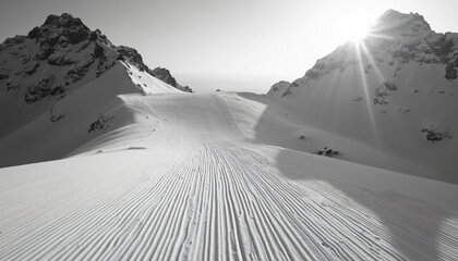 Groomed Ski Slope Between Mountains, Black and White