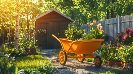 Sunny garden scene with a vibrant orange wheelbarrow full of plants, next to a rustic shed, surrounded by flowers and greenery.  A pathway winds through the lush garden
